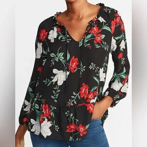 Old Navy Black Floral Ruffled Georgette Swing Blouse sz Lg
